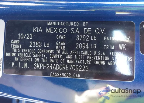 2024 Kia Forte Lxs z USA, uszkodzony, nr VIN 3KPF24AD0RE709223